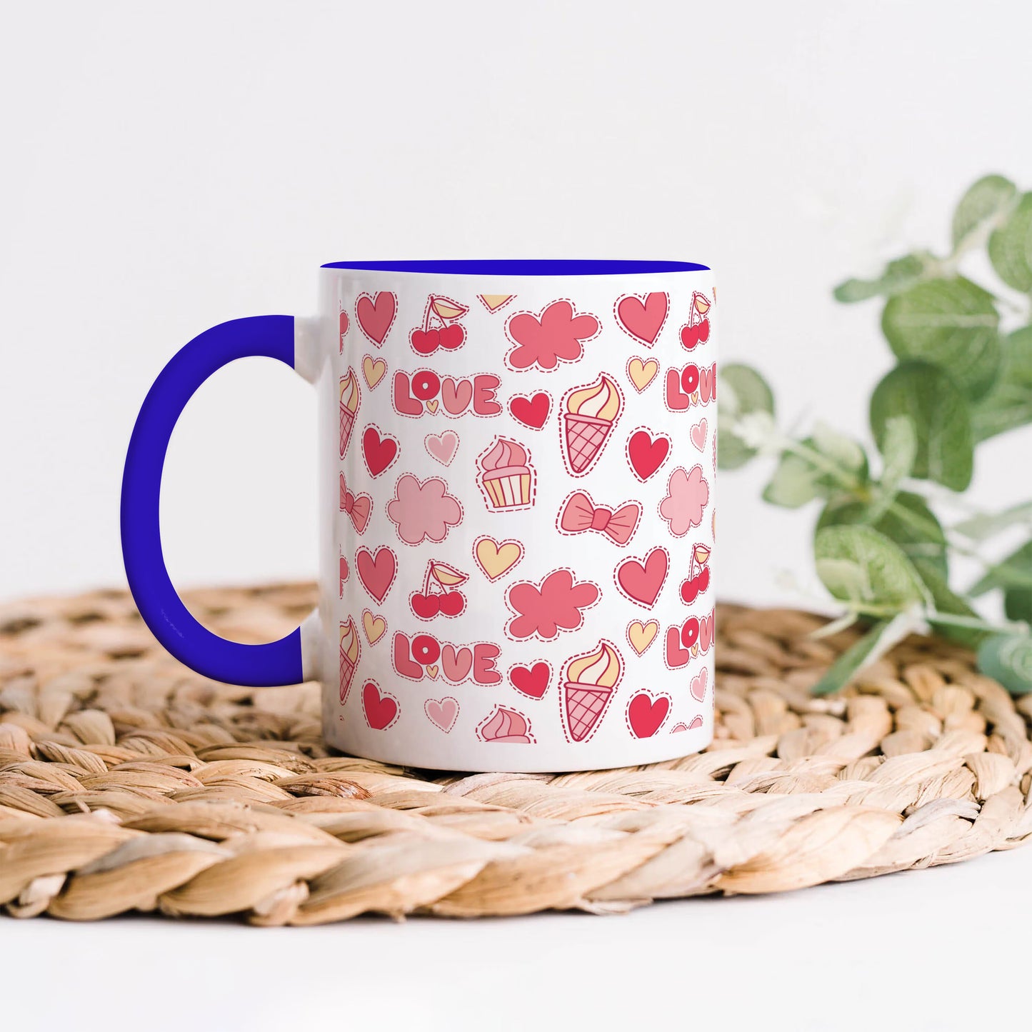 Retro pattern of decorative love elements design Dark Blue Handle 330 ml Coffee Mug
