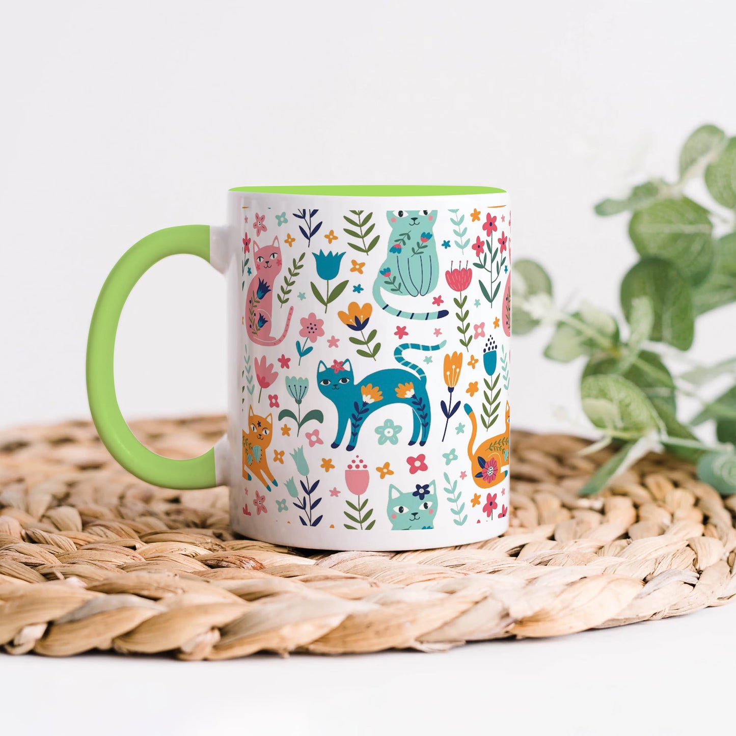 Vector seamless pattern with flowers and cats Cute Flower Cats in cartoon style Light Green Handle 330 ml Coffee Mug