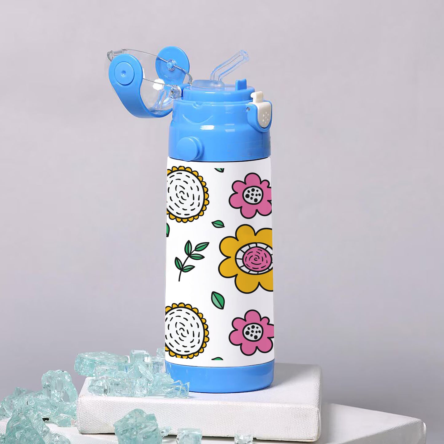 Flowers pattern insulated Water Bottle with Straw for Kids 500ml School Bottle, Picnic Bottle, Sipper Bottle, Leak Proof