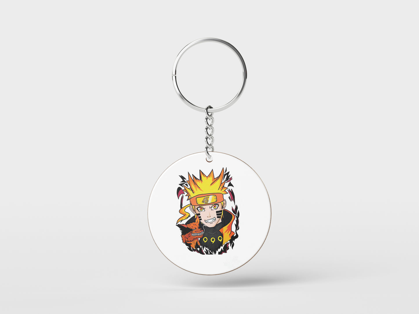Artistic Impression Naruto Uzumaki Printed Circle Shape Wooden Keyring with Chain