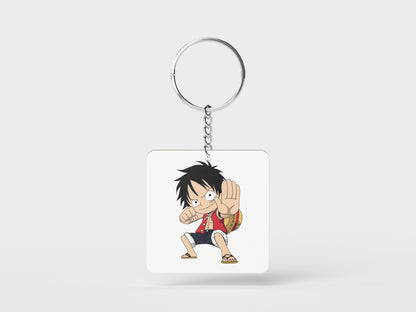 Child Monkey D Luffy Sticker Printed Square Shape Wooden Keyring with Chain