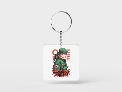 ZORO One Piece Streetwear_ Essential Printed Square Shape Wooden Keyring with Chain