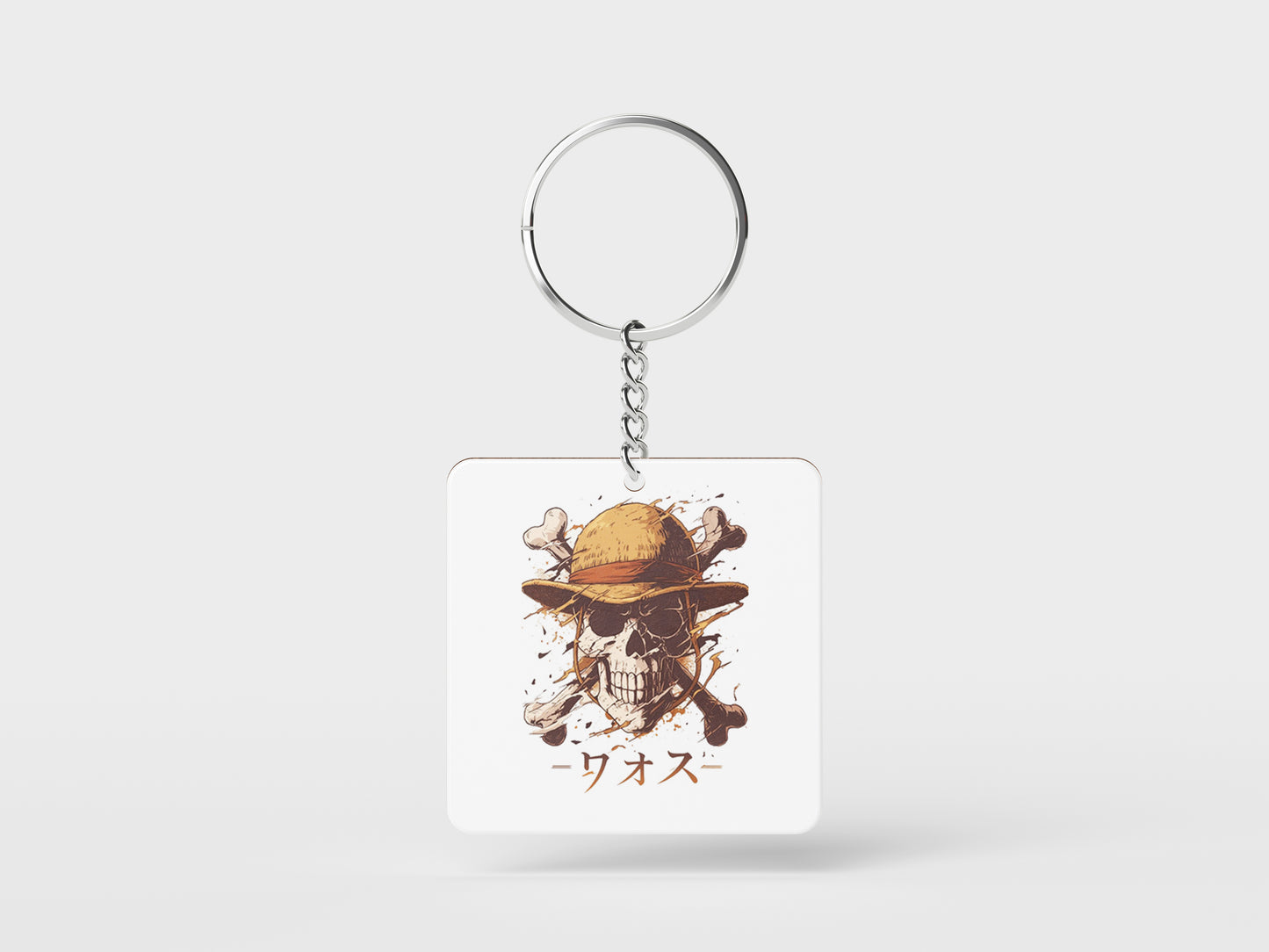 Skull straw hat One Piece Printed Square Shape Wooden Keyring with Chain