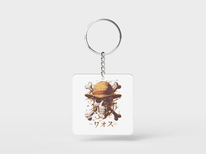 Skull straw hat One Piece Printed Square Shape Wooden Keyring with Chain