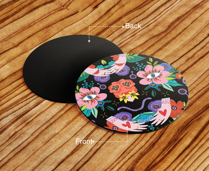Flower and Eye pattern Design Full Black 330 ml Coffee Mug with Coaster