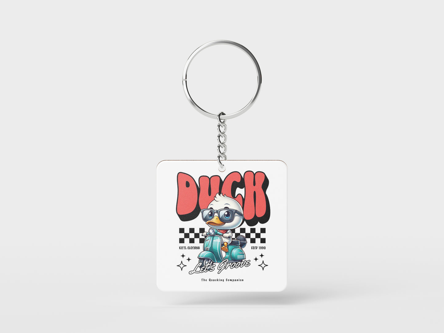 Duck - Lets Groove Design Printed Square Shape Wooden Keyring with Chain