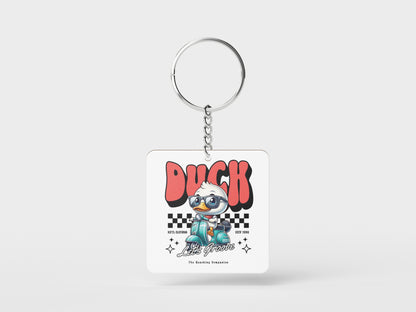 Duck - Lets Groove Design Printed Square Shape Wooden Keyring with Chain