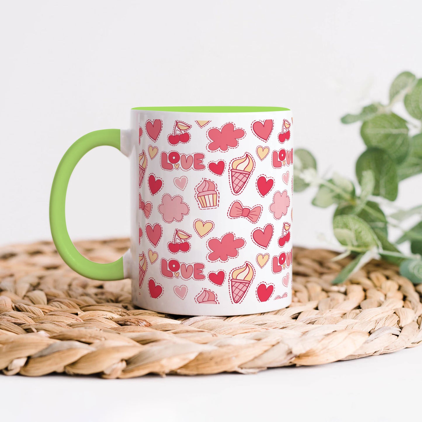 Retro pattern of decorative love elements design Light Green Handle 330 ml Coffee Mug