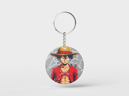 Tableau One Piece - Luffy Portrait - Decoration Morale Design Printed Circle Shape Wooden Keyring with Chain