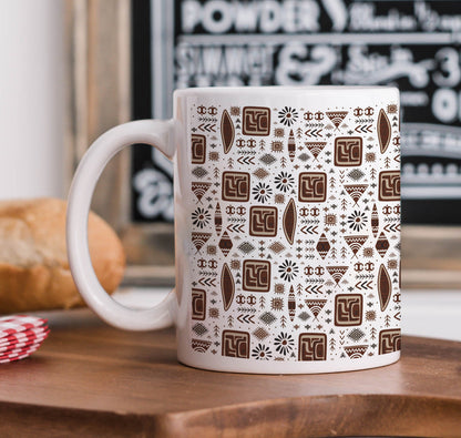 Ethnic Seamless Pattern Printed 330 ml White Coffee Mug with Square Shape Wooden Keyring and Chain