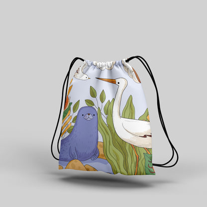 Hand Drawn Wildlife illustration Polyester String Backpack Bags for kids for Gym, Yoga, Tuition ,Beach Bag for 4-10 year boys and girls