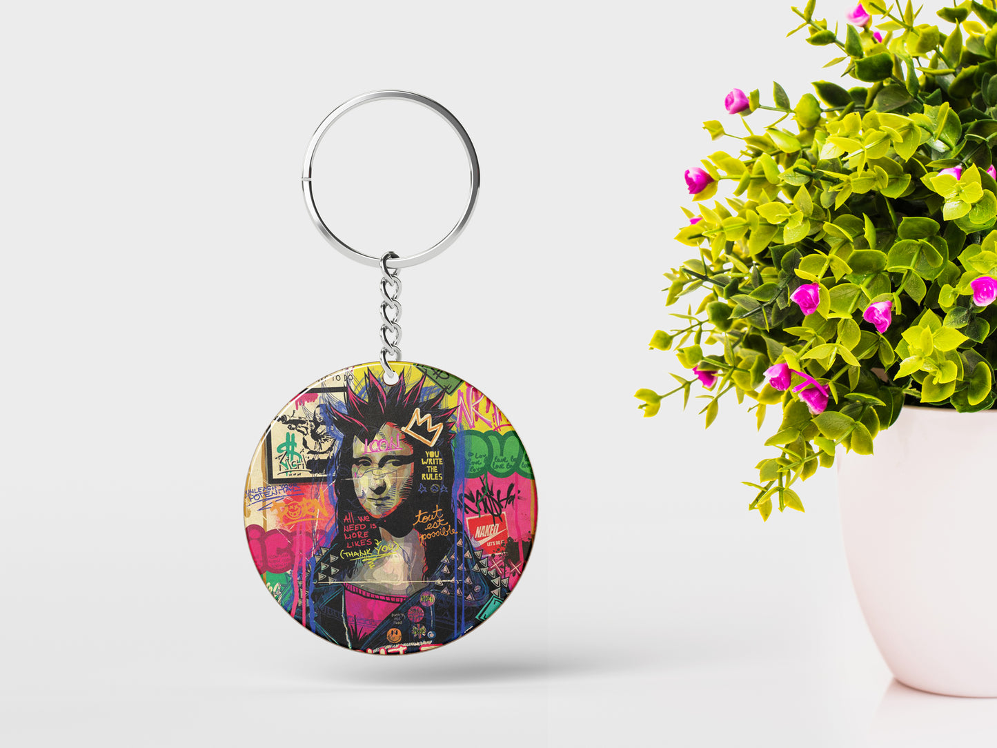 Mona Lisa pop Artwork Printed Round Circle Shape Wooden Keyring with Chain