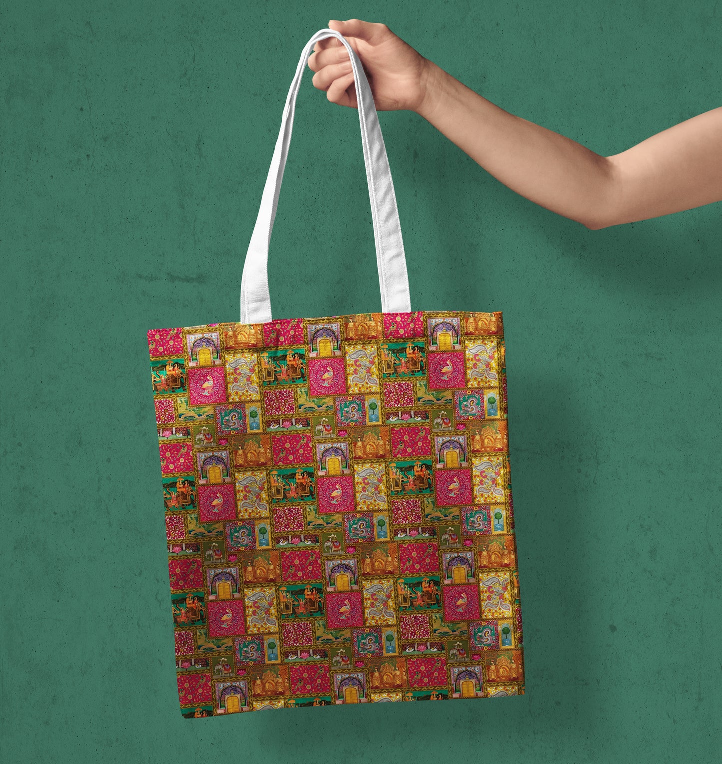 Kalamkari pattern Printed Design White Tote Bag (14 X 16 Inches) For Shopping, College, Travel