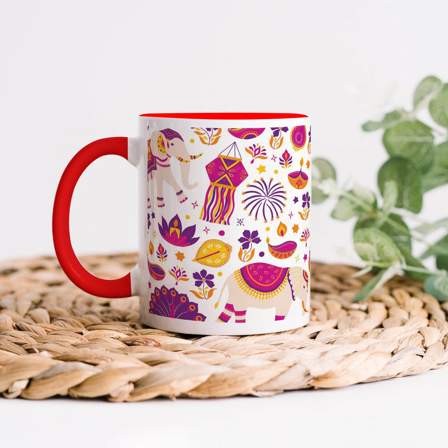 Happy Diwali vector elements seamless pattern design  Red Handle 330 ml Coffee Mug
