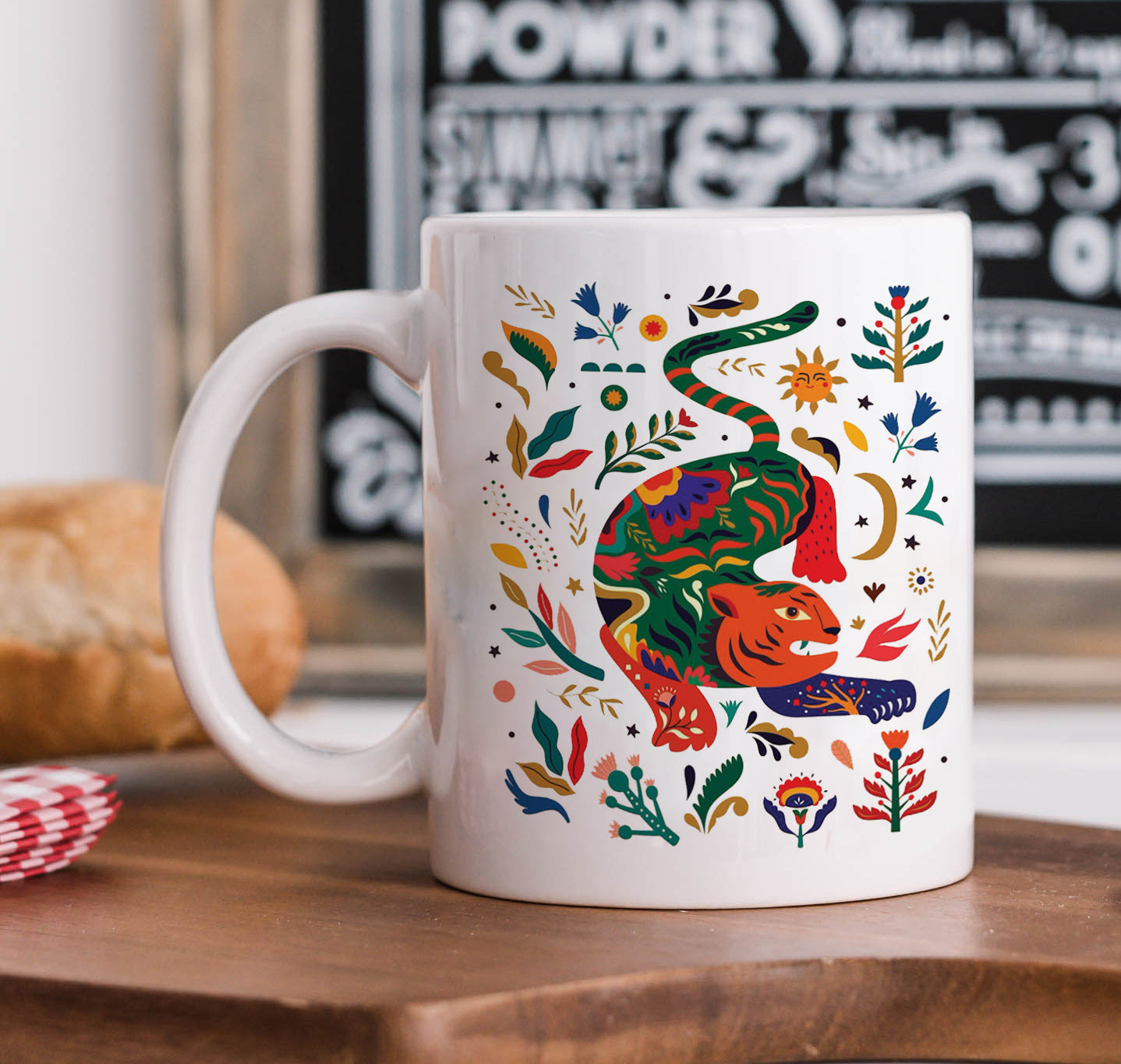 Tigers Illustration Pattern Printed 330 ml White Coffee Mug with Square Shape Wooden Keyring and Chain
