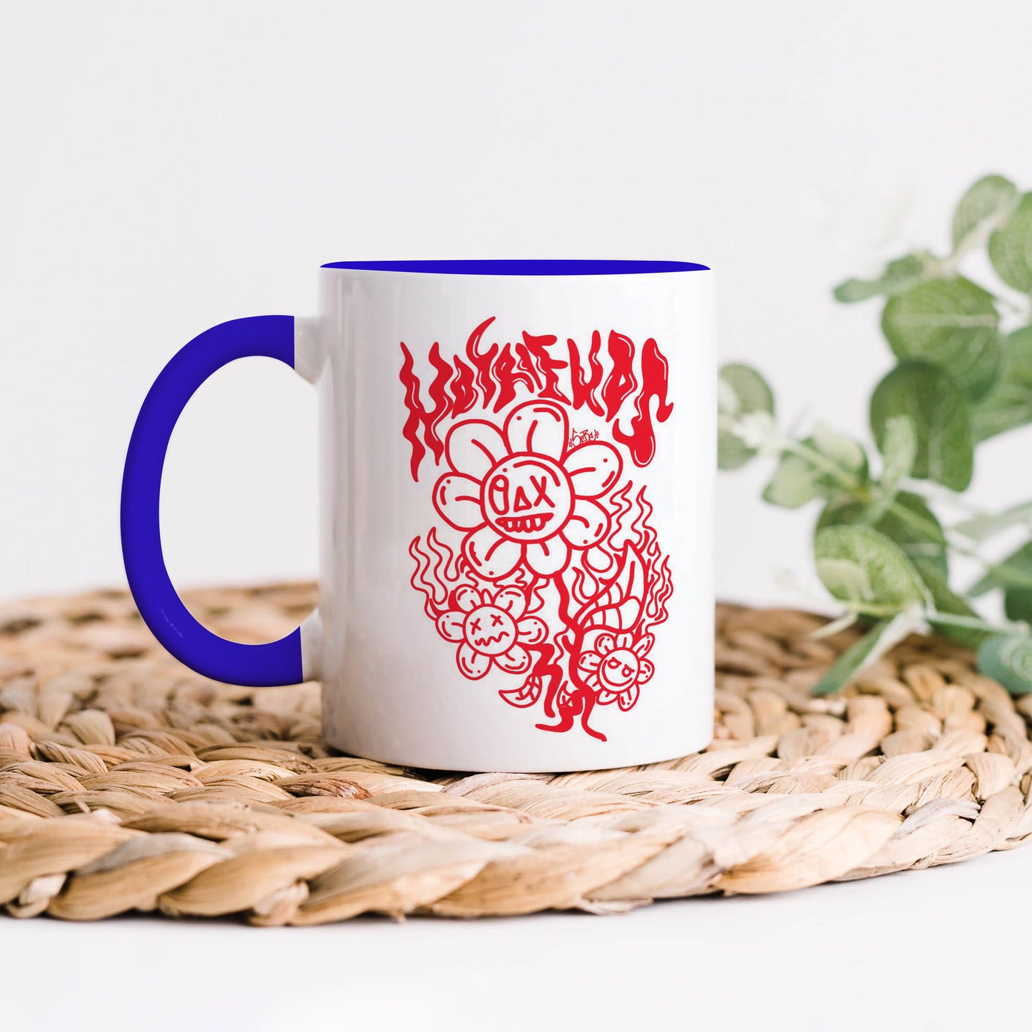 Flaming Bloom: Edgy Art Dark Blue Handle 330 ml Coffee Mug