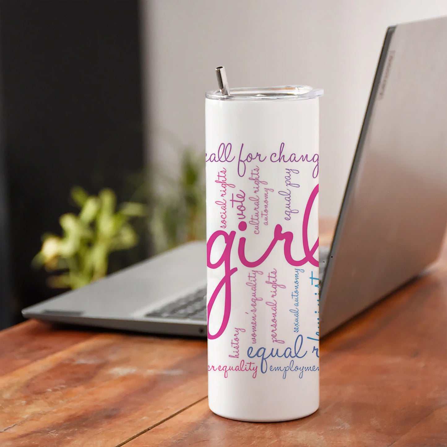 Girl Power word cloud typography pattern Printed 750ML with Lid Leak Proof Travel Tumbler with Straw