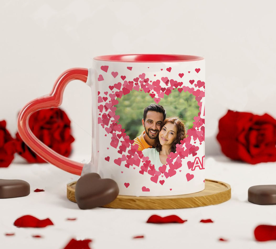 Couple Personalized Add Two Photos Red Heart Handle 330 ml Coffee Mug