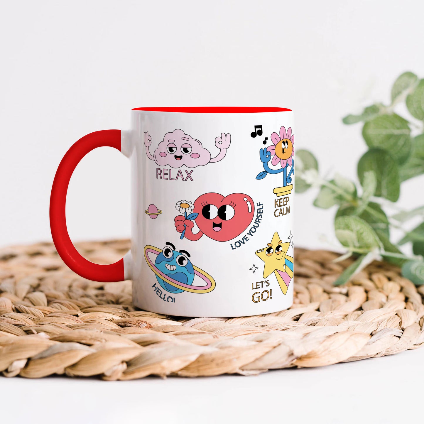 Hand drawn trendy cartoon badges design Red Handle 330 ml Coffee Mug
