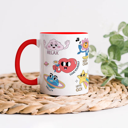 Hand drawn trendy cartoon badges design Red Handle 330 ml Coffee Mug