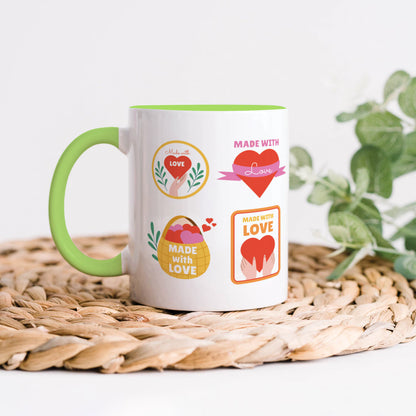 Hand drawn made with love floral label design Light Green Handle 330 ml Coffee Mug