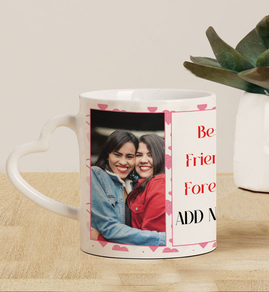 Best Friend forever customized add two photos white heart handle  330 ml Coffee Mug