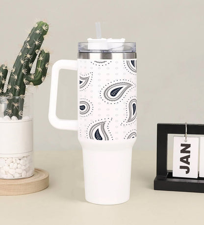 Simple paisley black pattern Printed 850ML with Lid Leak Proof Big Travel Tumbler with Handle and Straw