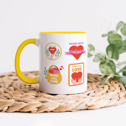 Hand drawn made with love floral label design Yellow Handle 330 ml Coffee Mug