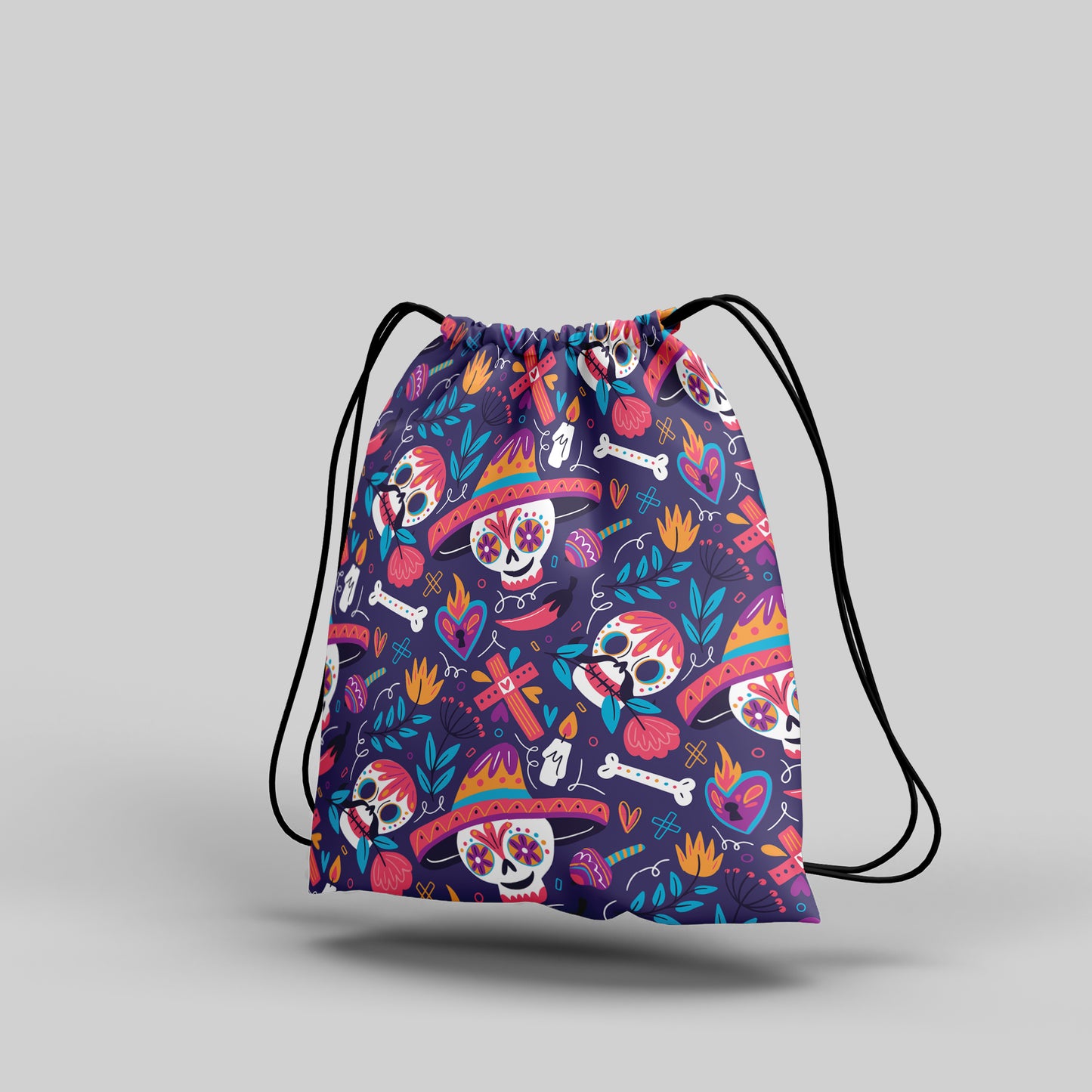 Hand Drawn Mexican Skull Pattern Polyester String Backpack Bags for kids for Gym, Yoga, Tuition ,Beach Bag for 4-10 year boys and girls