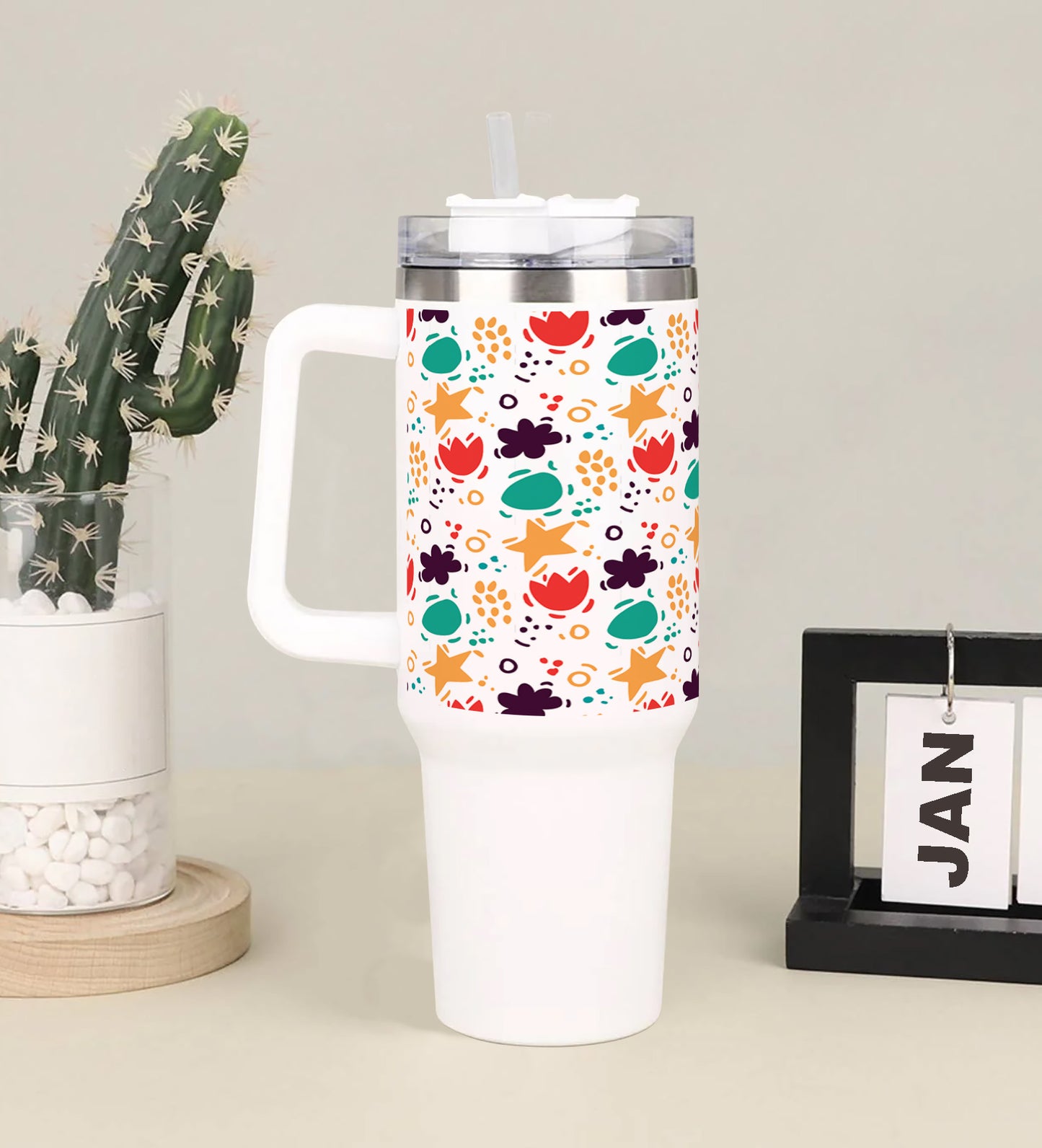 Abstract hand drawn pattern Printed 850ML with Lid Leak Proof Big Travel Tumbler with Handle and Straw