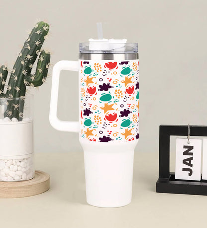 Abstract hand drawn pattern Printed 850ML with Lid Leak Proof Big Travel Tumbler with Handle and Straw