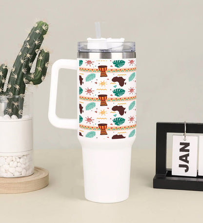 Flat african pattern design Printed 850ML with Lid Leak Proof Big Travel Tumbler with Handle and Straw
