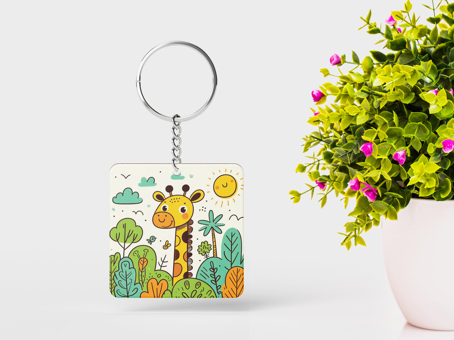 A cartoon drawing of giraffes and trees Printed Square Shape Wooden Keyring with Chain
