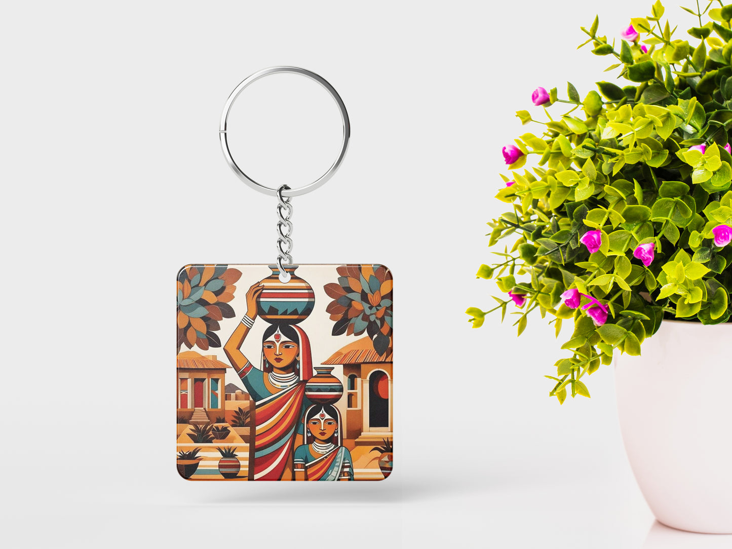 Village Woman royalty illustration Printed Square Shape Wooden Keyring with Chain