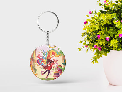 Colorful School Library Books Printed Round Circle Shape Wooden Keyring with Chain