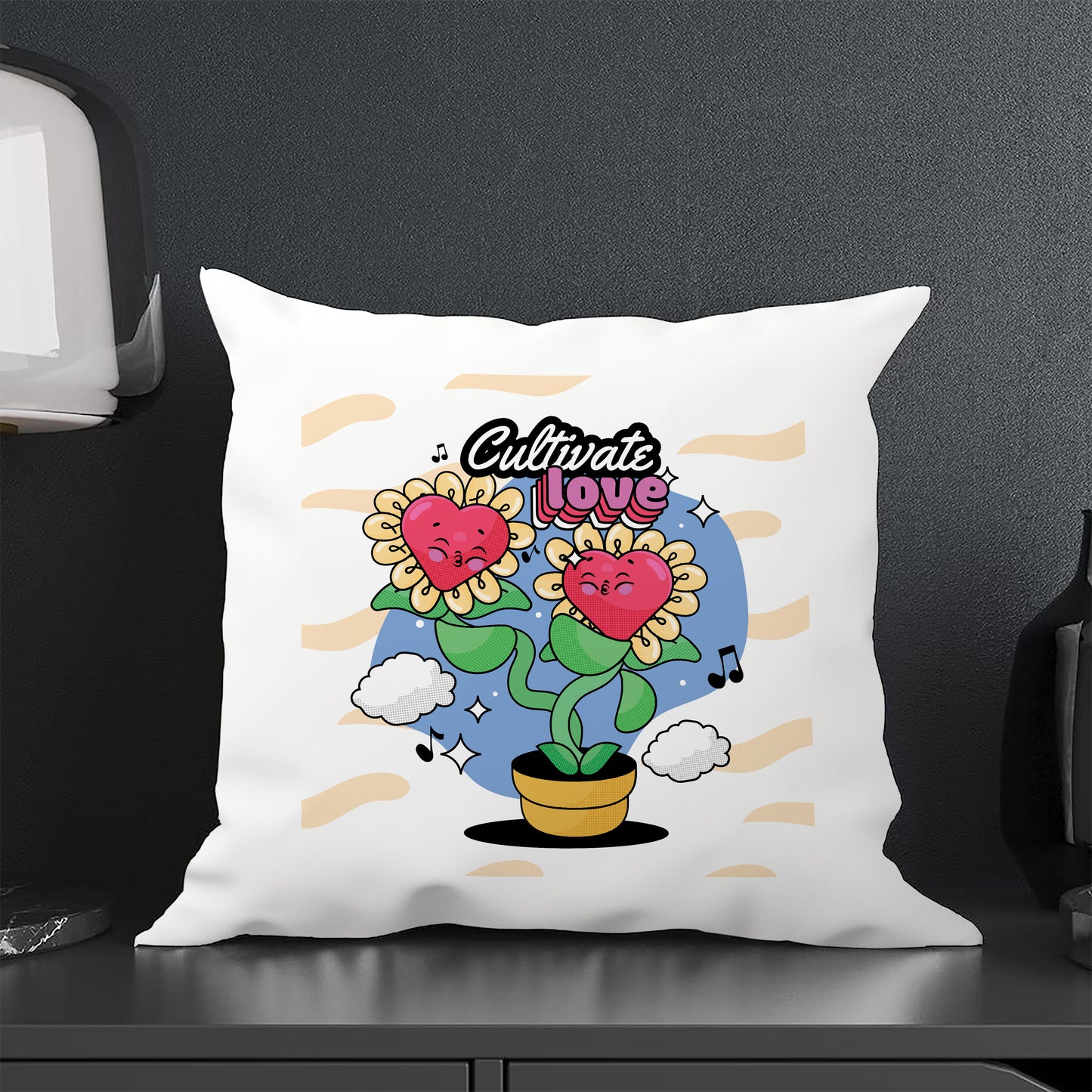 Hand Drawn Flowers Love Cartoon illustration Design Cushion (12x12 inches) Pack of 1