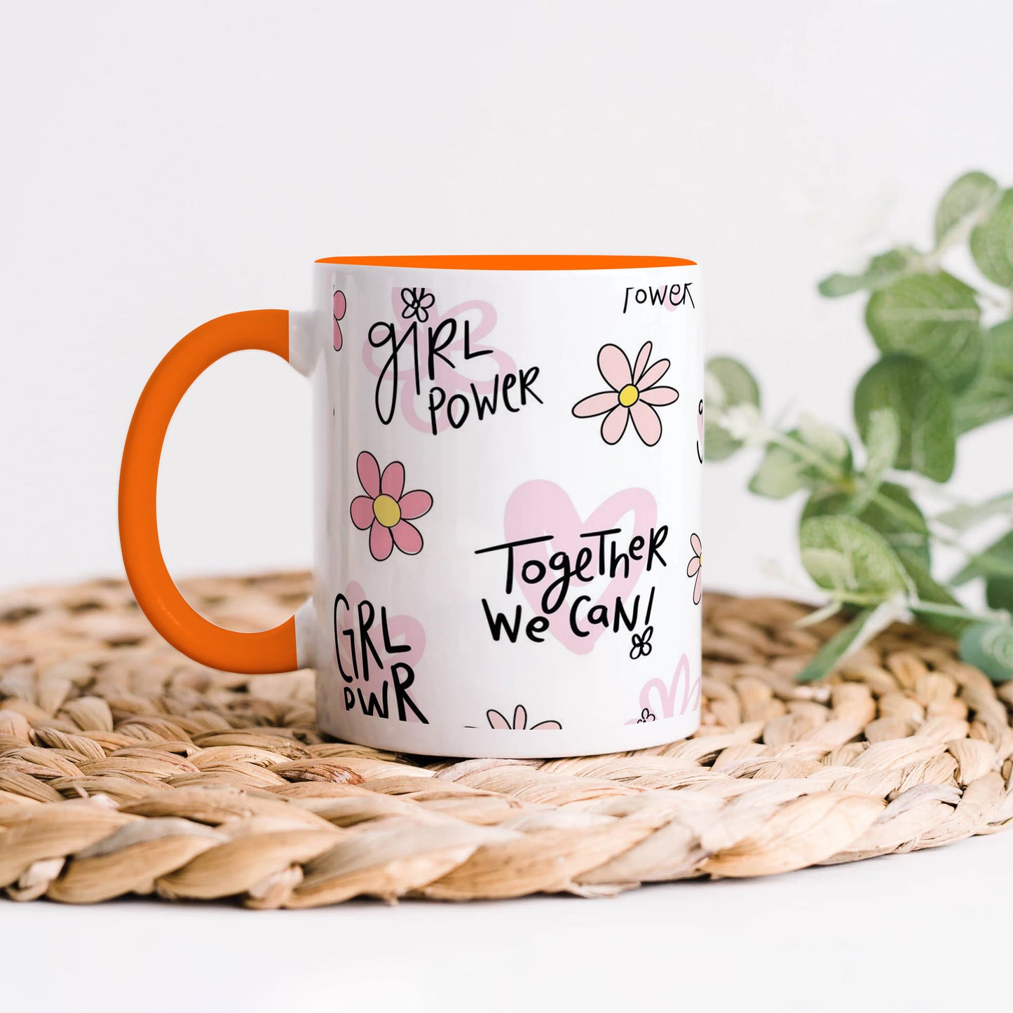 Cute pink flower and heart drawings Seamless pattern Orange Handle 330 ml Coffee Mug
