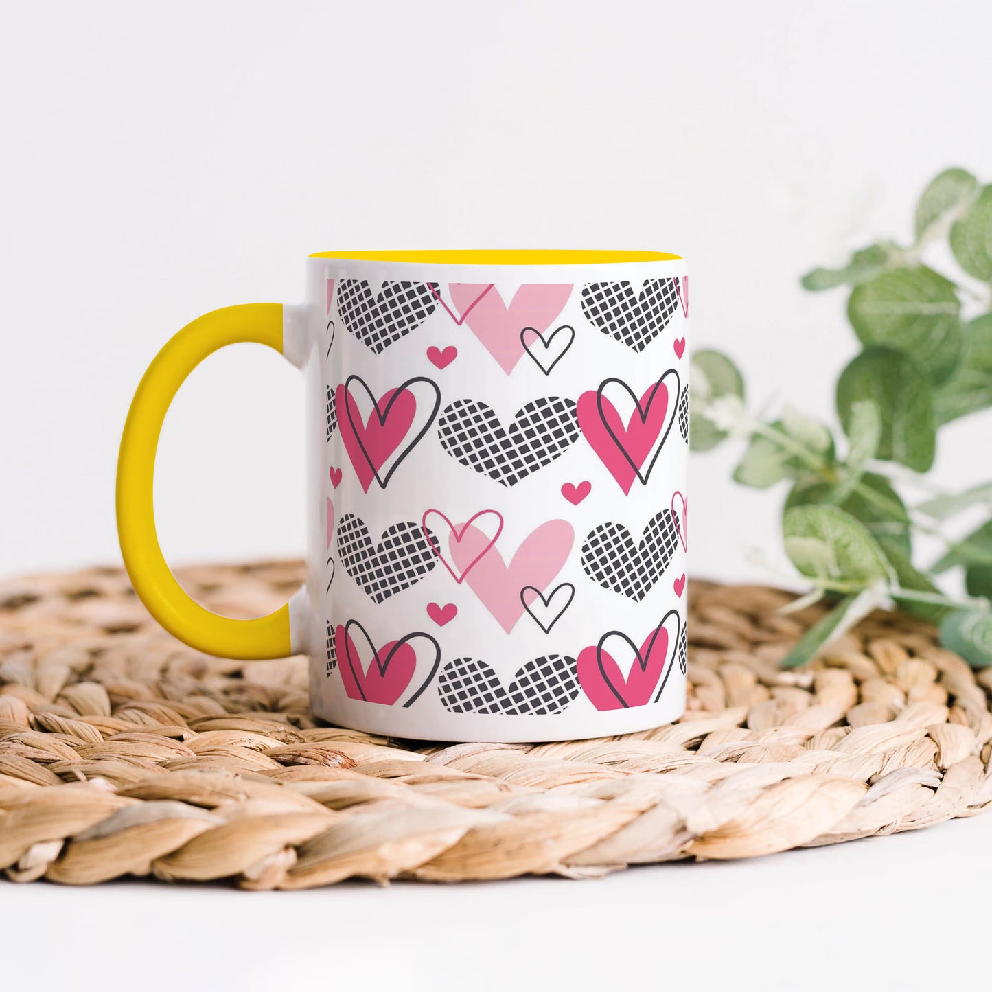 Hearts Pattern design Yellow Handle 330 ml Coffee Mug