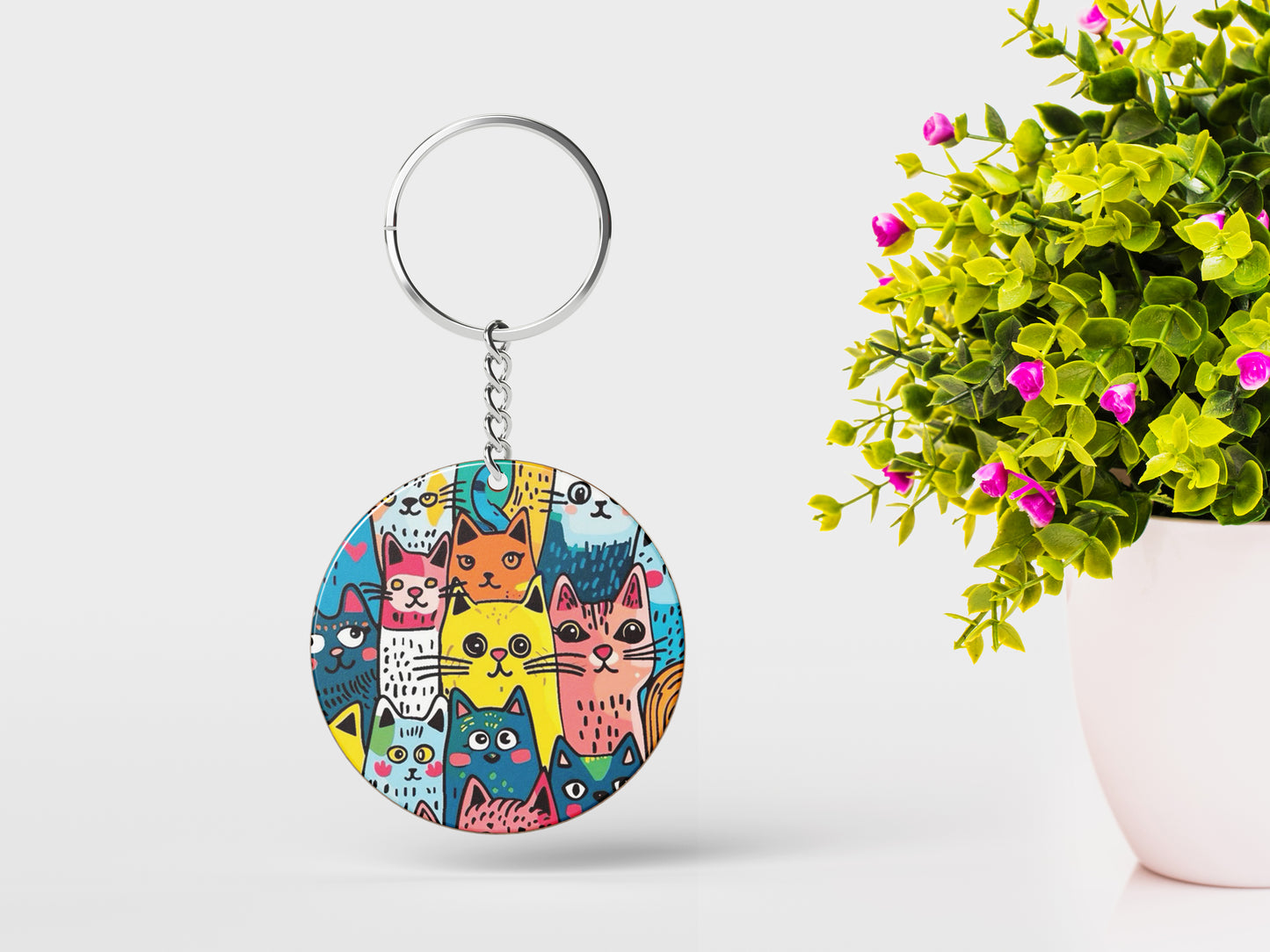 Colorful cat doodle art Printed Round Circle Shape Wooden Keyring with Chain
