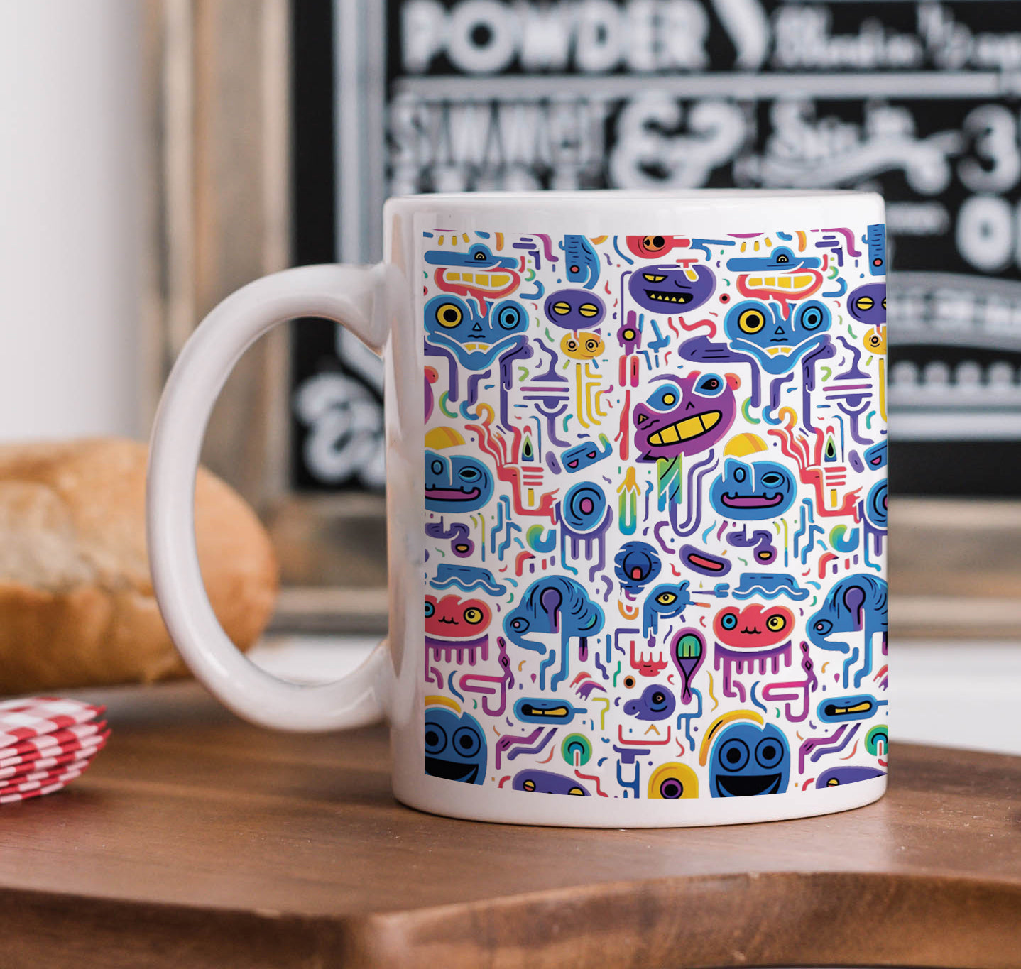 Multicolor Alien Creatures Design Mug and Keychain Combo 330 ml Coffee Mug