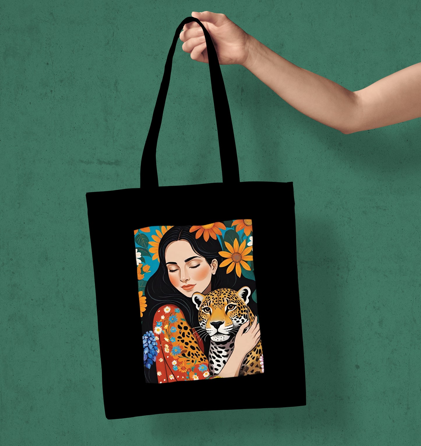 Girl With Leopard In Jungle colorful art Design Printed Black Patch With Pocket Tote Bag (14 X 16 Inches) For Shopping, College, Travel