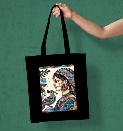 Modern Mandala Art Design Printed Black Patch With Pocket Tote Bag (14 X 16 Inches) For Shopping, College, Travel