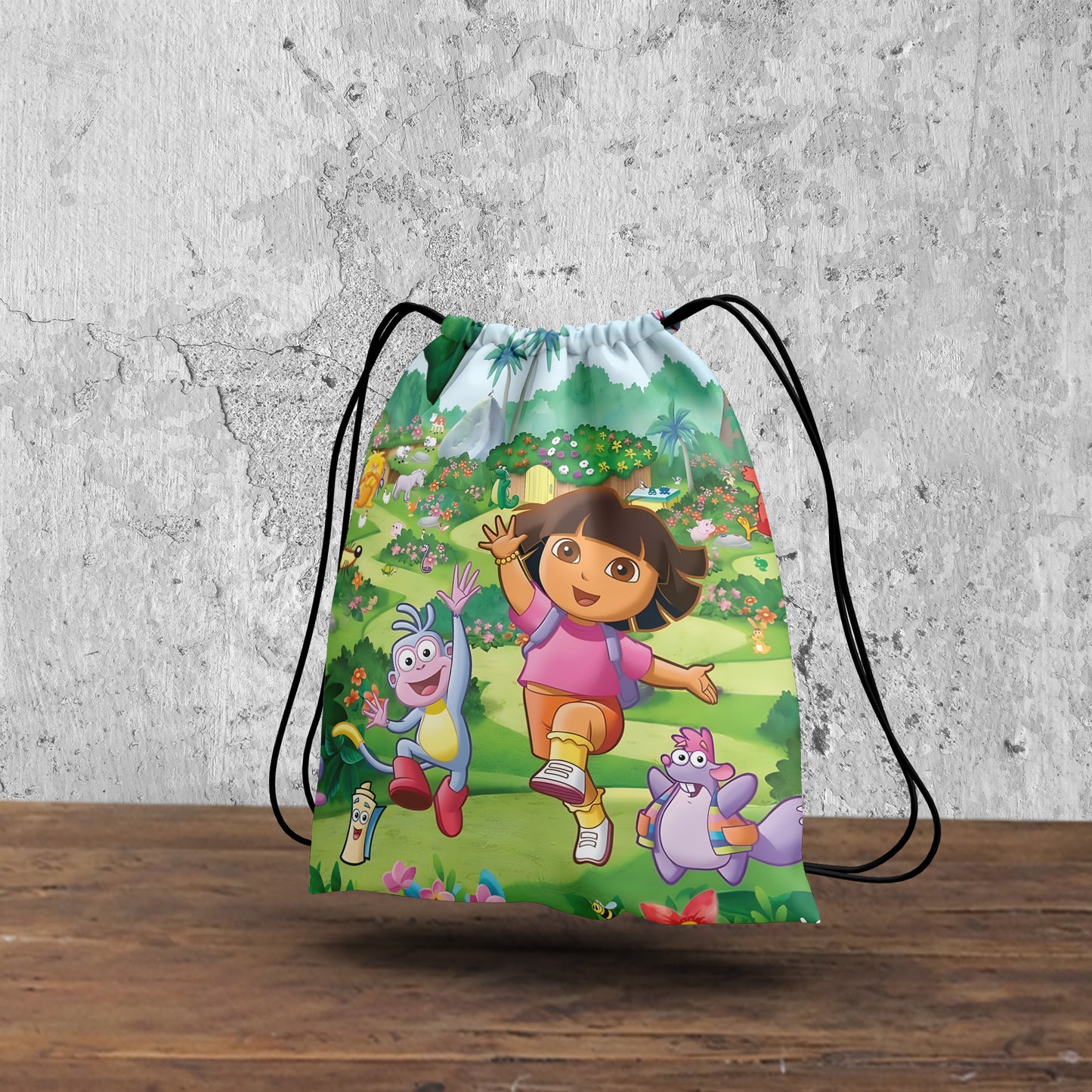 Dora The Explorer Scenery Pattern Polyester String Backpack Bags for kids for Gym, Yoga, Tuition ,Beach Bag for 4-10 year boys and girls