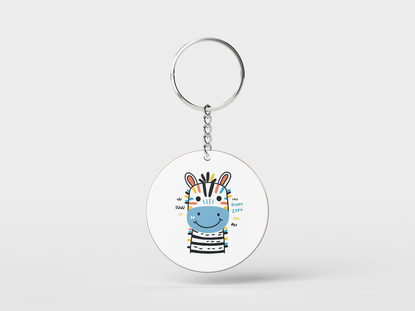 Happy Zebra Printed Circle Shape Wooden Keyring with Chain
