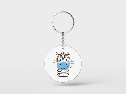 Happy Zebra Printed Circle Shape Wooden Keyring with Chain