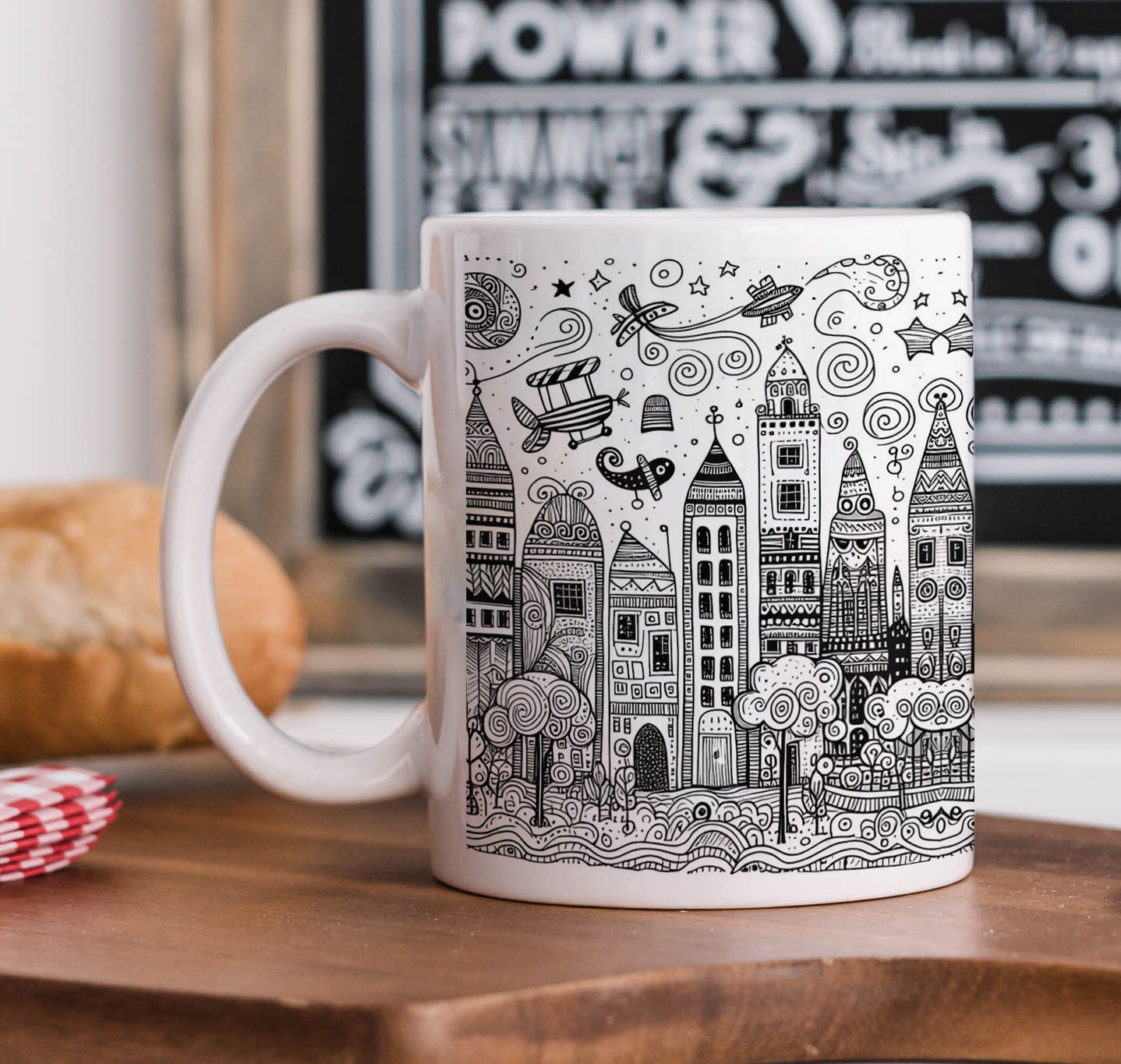 Black N white city doodle art Mug and Keychain Combo 330 ml Coffee Mug
