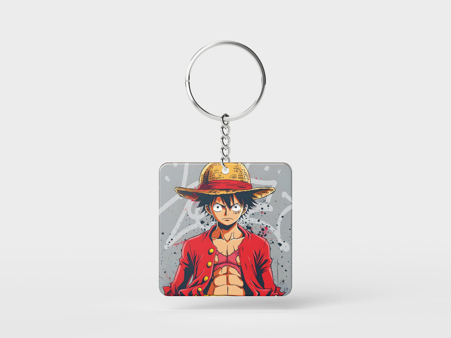 Tableau One Piece - Luffy Portrait - Décoration Murale Design Printed Square Shape Wooden Keyring with Chain
