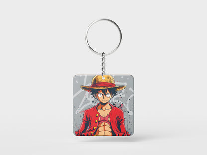 Tableau One Piece - Luffy Portrait - Décoration Murale Design Printed Square Shape Wooden Keyring with Chain
