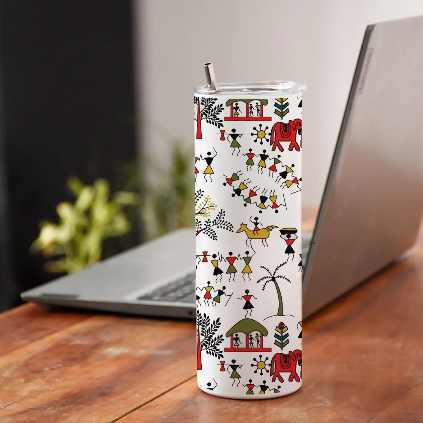 Hand drawn traditional the ancient tribal art India Printed 750ML with Lid Leak Proof Travel Tumbler with Straw