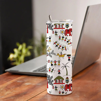 Hand drawn traditional the ancient tribal art India Printed 750ML with Lid Leak Proof Travel Tumbler with Straw